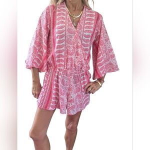 Elan Pink Boho Print Romper Size M V-Neck Bell Sleeve Elastic Waist Resort Wear